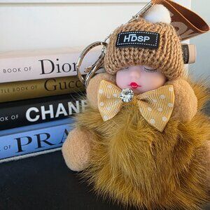 Cute Baby Sleeping Keychain with LOVE tag, Plush rabbit fur, Bag Charm